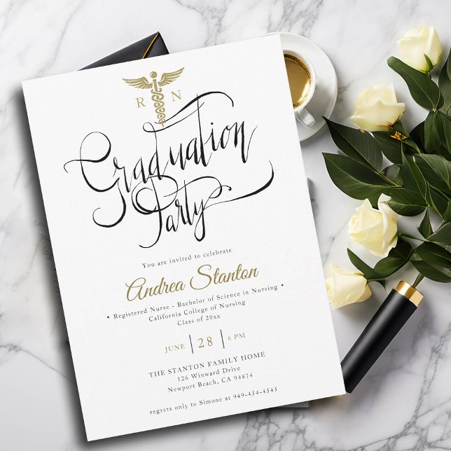 Invitación Graduación de la Escuela de Enfermería Caduceum Br (nurse graduation party invitation gold caduceum brush calligraphy elegant classic modern black white)