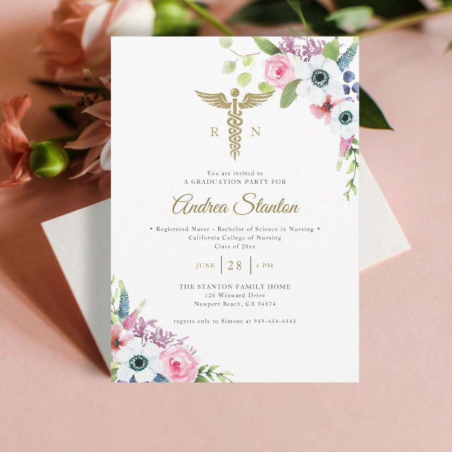 Invitación Graduación de la Escuela de Enfermería Caduceum Fl (nursing school graduation gold caduceum floral frame contemporary minimalist modern classy rn)