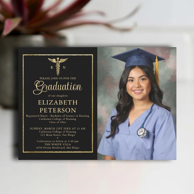 Invitación Graduación de la Escuela de Enfermería Caduceum Ma (nursing school graduation gold caduceum frame contemporary modern photo nurse black elegant classy)