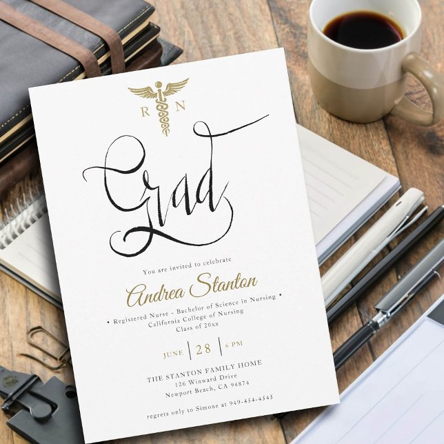 Invitación Graduación de la Escuela de Enfermería Graduación  (nurse graduation party invitation gold caduceum grad calligraphy elegant classic modern black white)