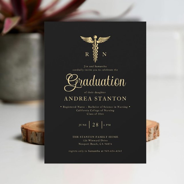 Invitación Graduación de la Escuela de Enfermería Graduación  (nurse nursing school graduation gold caduceum contemporary modern elegant simple black)