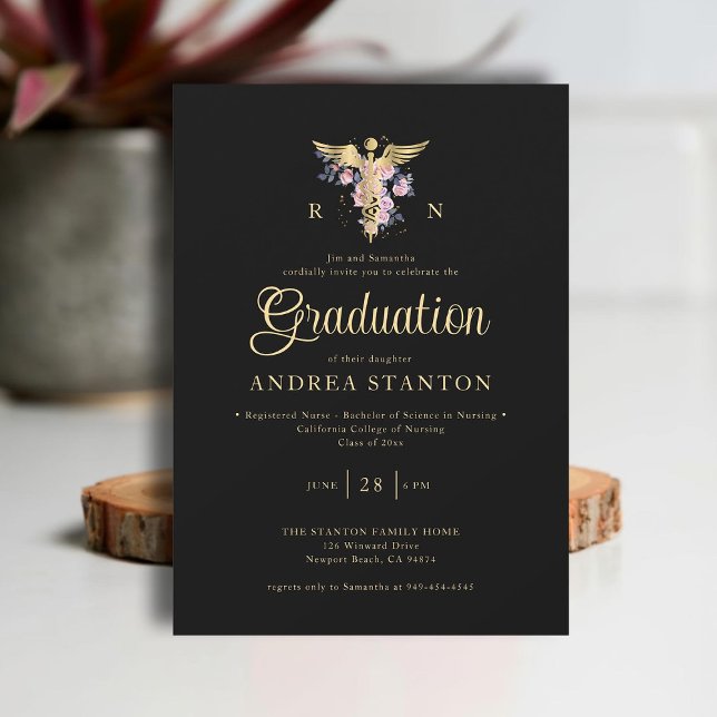 Invitación Graduación de la Escuela de Enfermería Rosa de Alu (nurse nursing school graduation gold caduceum contemporary modern elegant simple purple roses black)