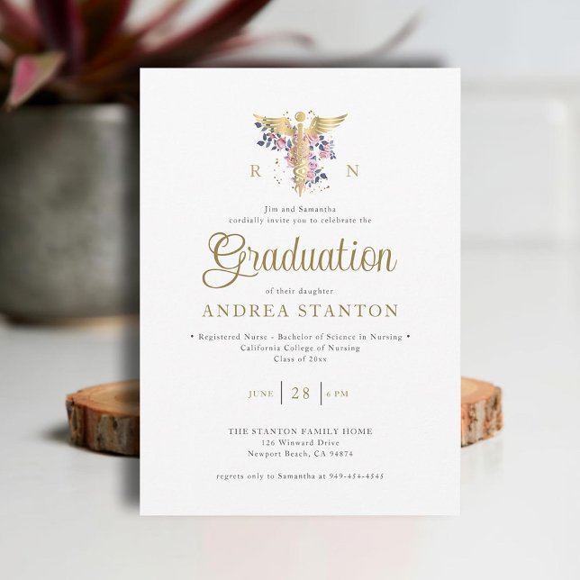 Invitación Graduación de la Escuela de Enfermería Rosas de po (nurse nursing school graduation gold caduceum contemporary modern elegant simple roses greenery)
