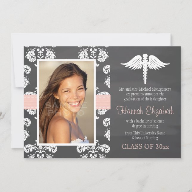 Invitación Graduación de la Escuela de Enfermería Rubor Pink  (Anverso)