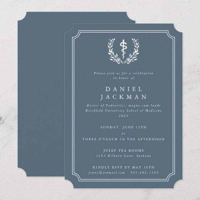 Invitación Graduación de la Escuela de Medicina BlueGray/Whit (Anverso / Reverso)