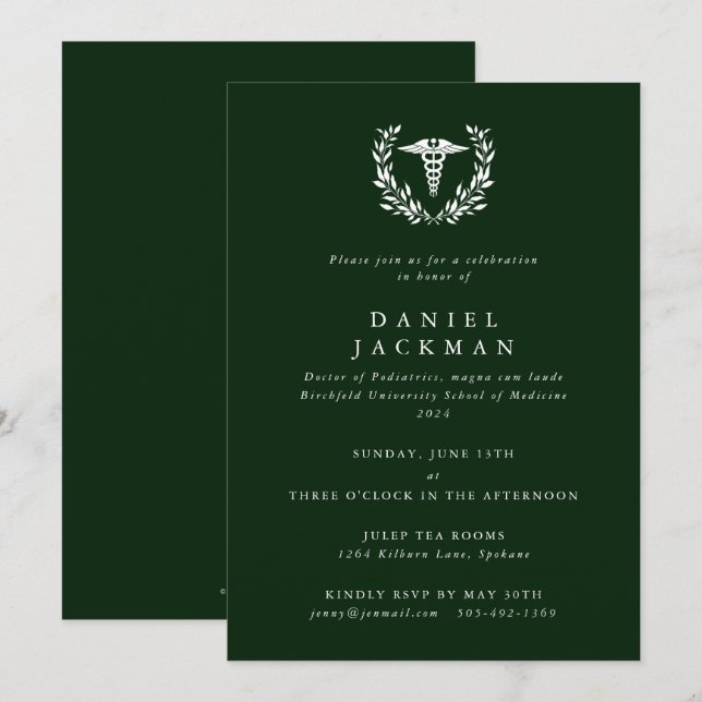 Invitación Graduación de la Escuela de Medicina Dark Green (Anverso / Reverso)