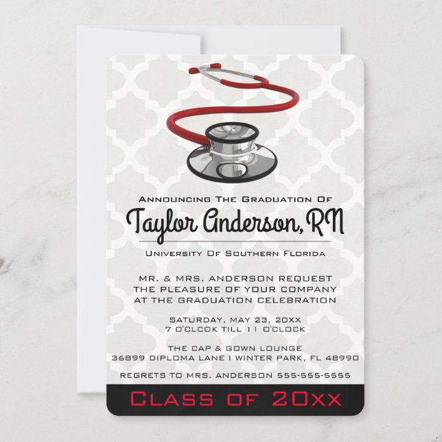 Invitación Graduación de la Escuela Médica de moda Stethoscop (Anverso)