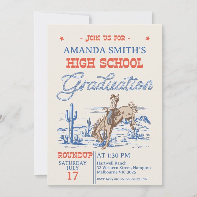 Invitación Graduación de la escuela secundaria Blue Red Rodeo (Anverso)