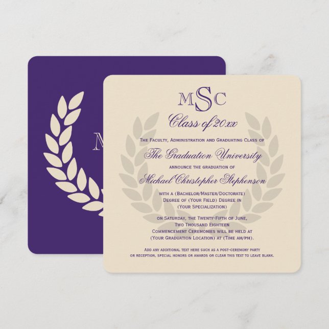 Invitación Graduación de la Escuela Superior Púrpura Monogram (Anverso / Reverso)