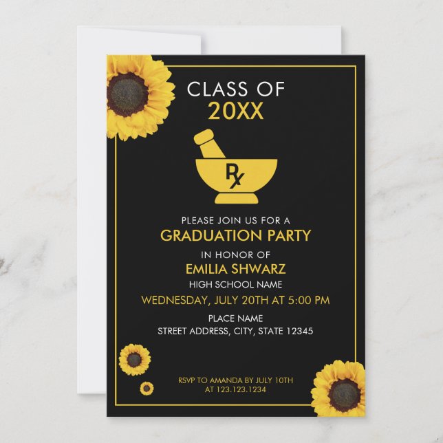 Invitación Graduación de la farmacia del girasol amarillo mod (Anverso)