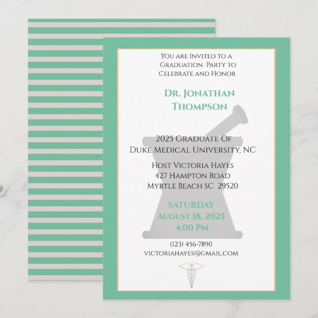 Invitación Graduación de la farmacia verde beige de mortero d (Anverso / Reverso)
