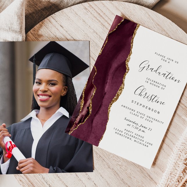 Invitación Graduación de la foto de Burgundy Gold Agate 2025 (Subido por el creador)