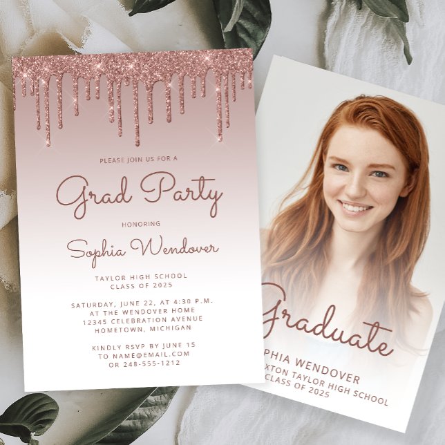 Invitación Graduación de la foto de Glam Rosa Gold Purpurina  (Subido por el creador)