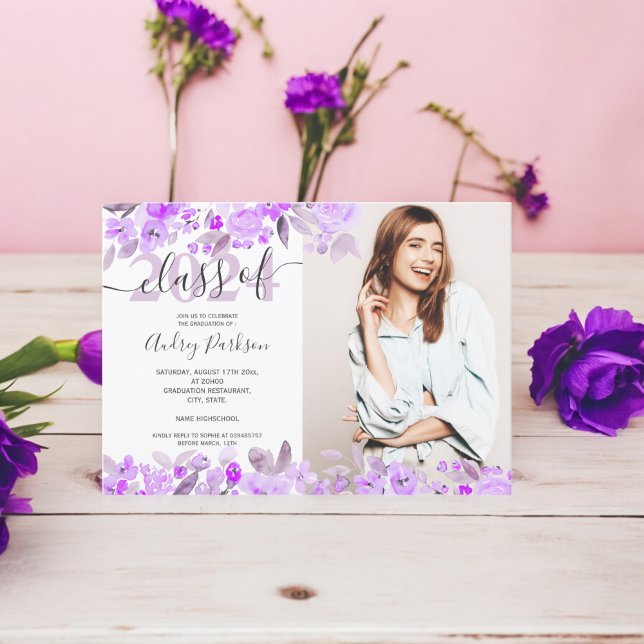 Invitación Graduación de la foto de la acuarela floral morada (Lavender purple floral watercolor photo graduation invitation)