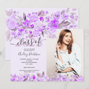 Invitación Graduación de la foto de la acuarela floral morada