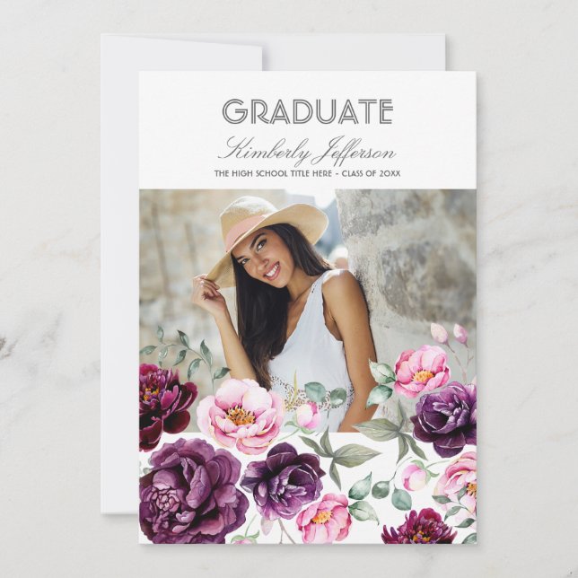 Invitación Graduación de la foto de la acuarela floral púrpur (Anverso)