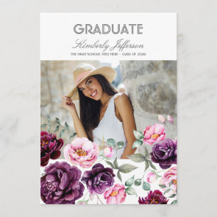 Invitación Graduación de la foto de la acuarela floral púrpur