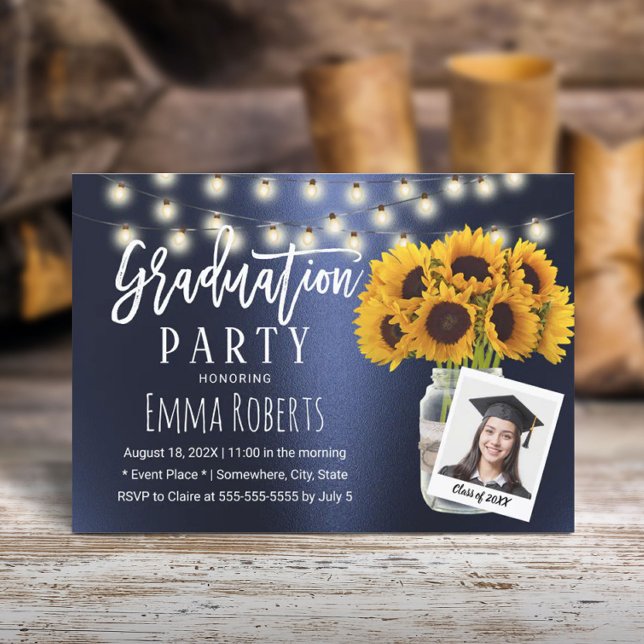 Invitación Graduación de la foto de Navy Blue Sunflower Mason (Subido por el creador)