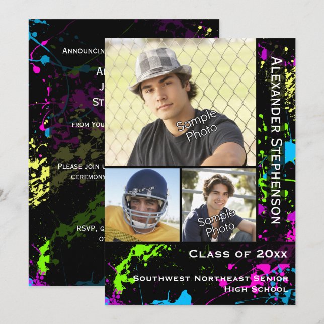 Invitación Graduación de la foto de Neon Paint Splatter (Anverso / Reverso)