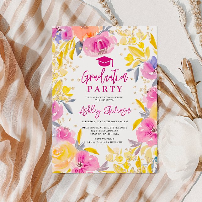Invitación Graduación de la foto de oro morado de Bohemia (Bohemian purple gold floral photo graduation invitation)