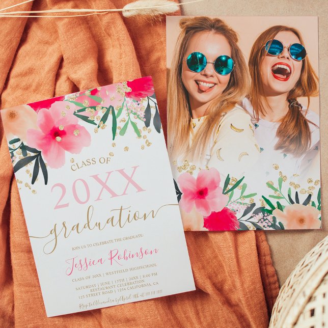 Invitación Graduación de la foto de purpurina de oro floral d (Subido por el creador)