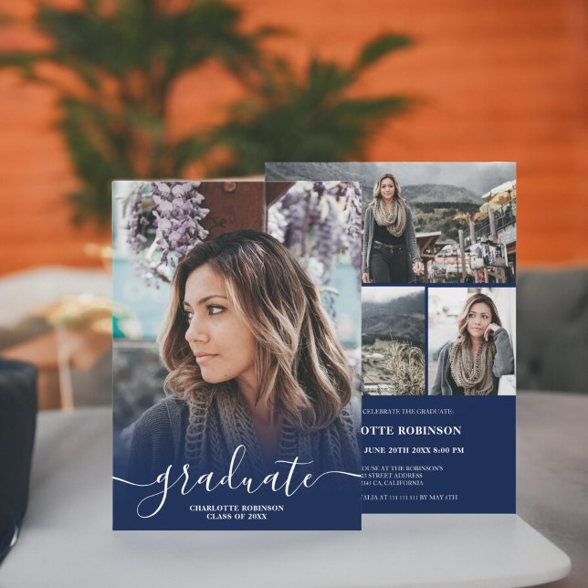 Invitación Graduación de la foto de un guion azul marino (Navy blue graduate script photo graduation invitation)