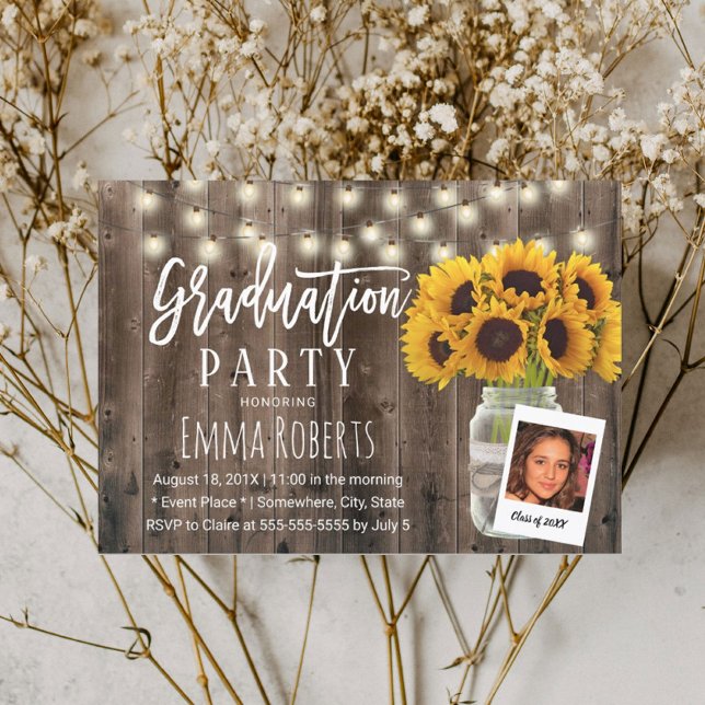 Invitación Graduación de la foto del girasol ruso Mason Jar (Subido por el creador)