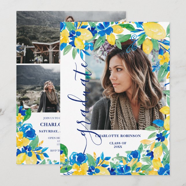 Invitación Graduación de la foto del guión floral de limones  (Anverso / Reverso)