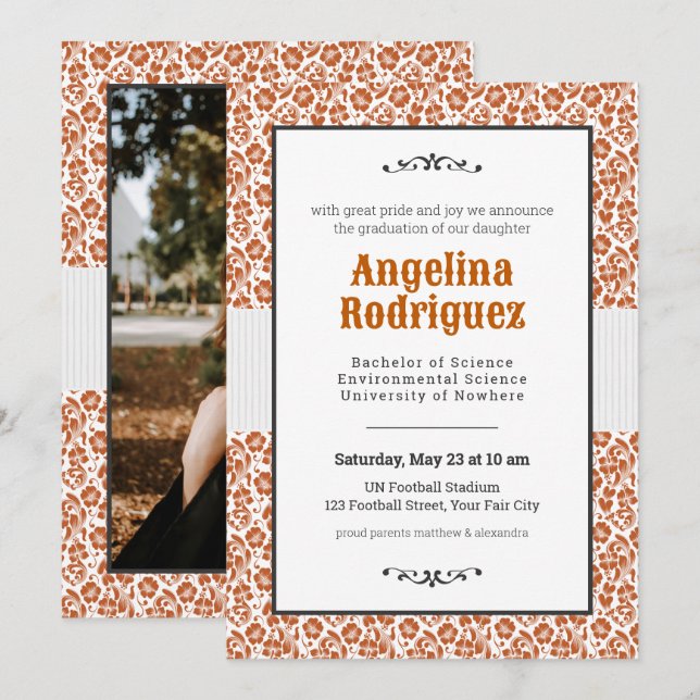 Invitación Graduación de la foto del Naranja quemado de Damas (Anverso / Reverso)