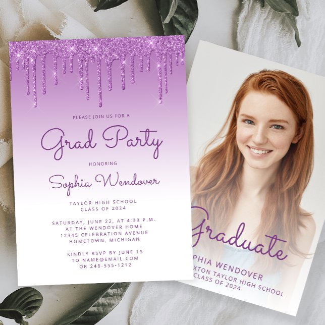 Invitación Graduación de la foto del Purpurina Glam Purple en (Subido por el creador)