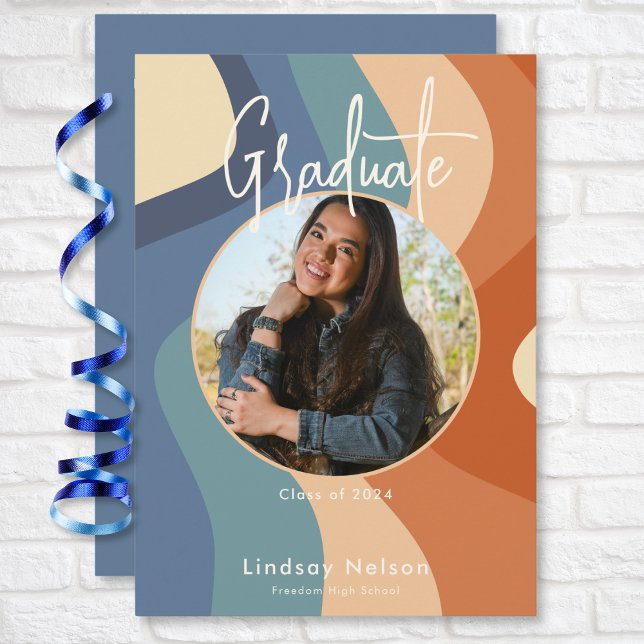 Invitación Graduación de la imagen de la ola de la crema de ó (Modern Retro Blue Rust Cream Wave Photo Graduation Invitation)