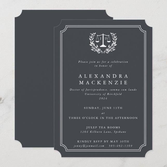 Invitación Graduación de la Leyes JD Gris/Blanco + Laurel (Anverso / Reverso)