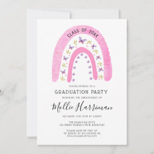 Invitación Graduación de la mariposa rosa del Boho Rainbow Gi