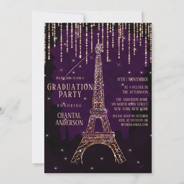 Invitación Graduación de la Torre Eiffel del Purpurina Púrpur (Anverso)
