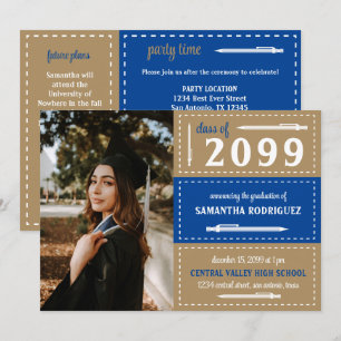 Invitación Graduación de lápices y cajas con puntos azul y or
