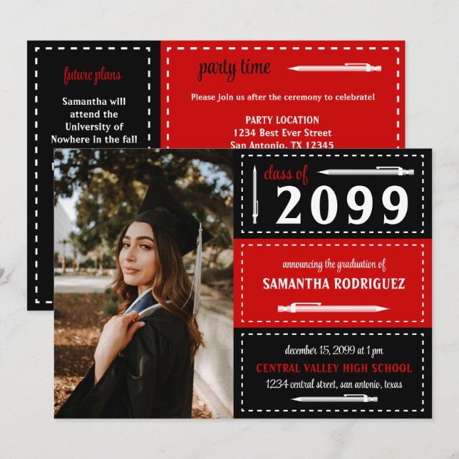 Invitación Graduación de lápices y cajas con puntos rojos y n (Anverso / Reverso)