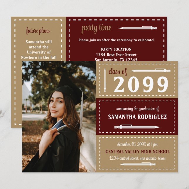 Invitación Graduación de lápices y cajas marrones y dorados (Anverso / Reverso)