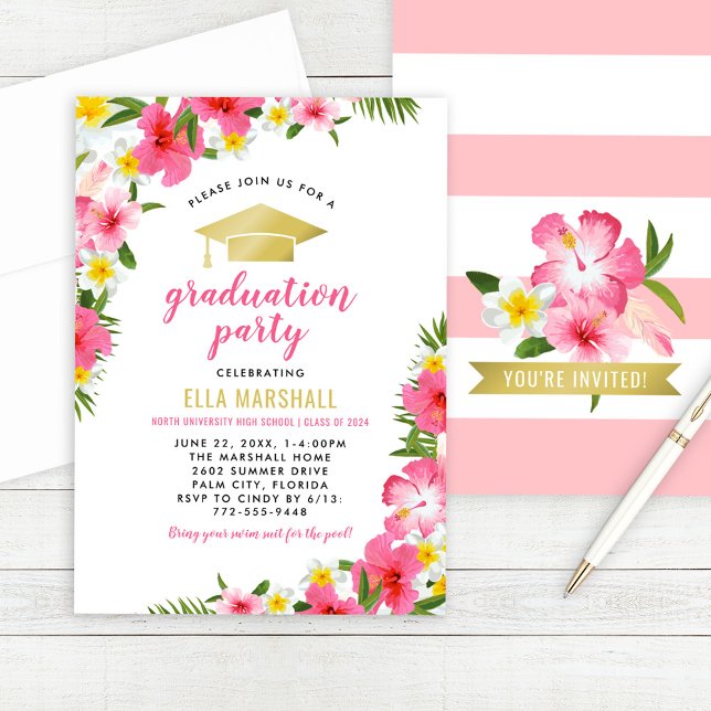 Invitación Graduación de las flores de Hibiscus de oro rosado (Subido por el creador)