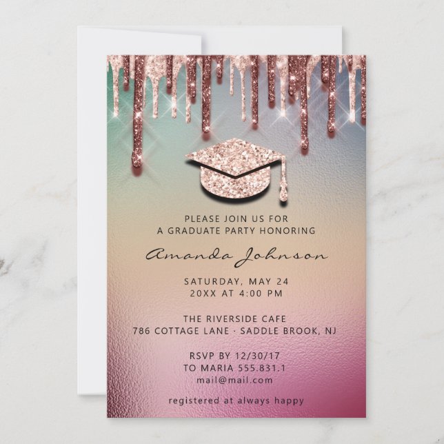 Invitación Graduación de las gotas Rosa Tapón de oro 3D Glam  (Anverso)