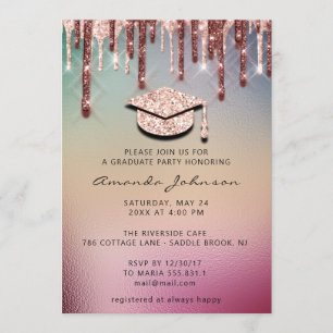 Invitación Graduación de las gotas Rosa Tapón de oro 3D Glam 