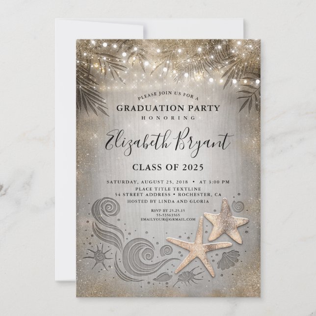 Invitación Graduación de las Luces Tropicales de Oro Starfish (Anverso)