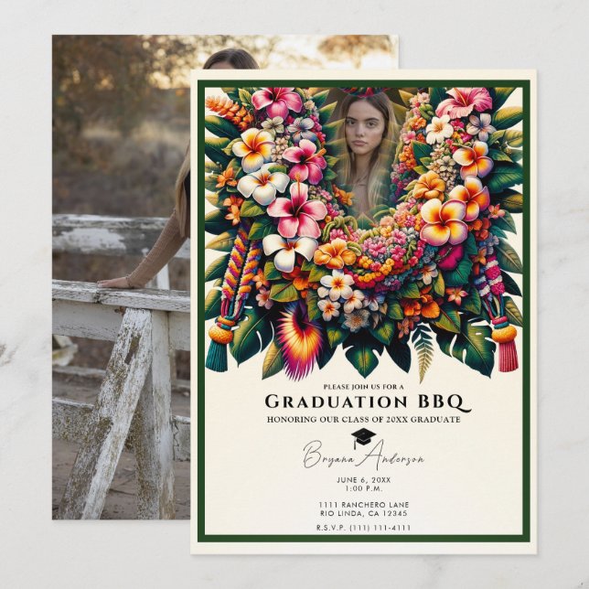 Invitación Graduación de Lei Floral Tropical Foto Fiesta BBQ (Anverso / Reverso)