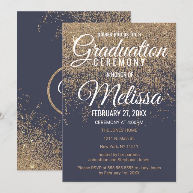 Invitación Graduación de los azules marinos de las chispas (Anverso / Reverso)