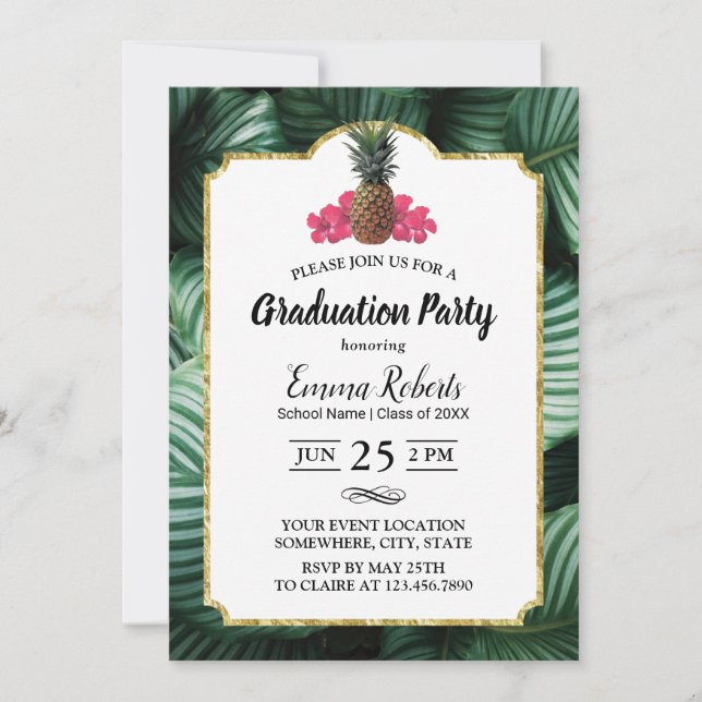 Invitación Graduación de Luau de hojas tropicales y piña (Anverso)