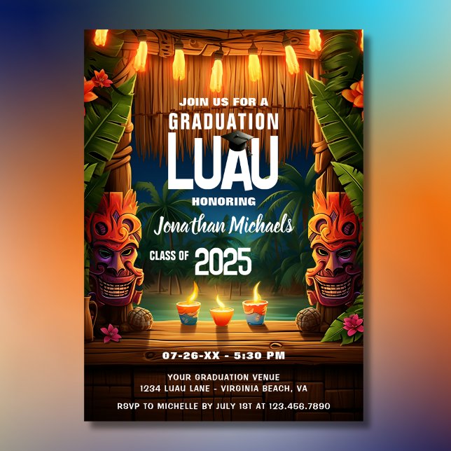 Invitación Graduación de Luau de la Isla Tropical Tiki Hawái (Front - Tropical Tiki Hawaiian Island Luau Graduation Invitation)