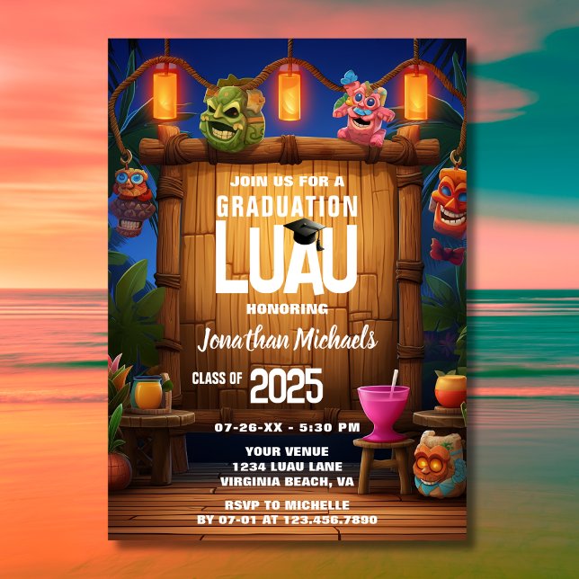 Invitación Graduación de Luau de la Isla Tropical Tiki Hawái (Front - Tropical Tiki Hawaiian Luau Photo Graduation Invitation)