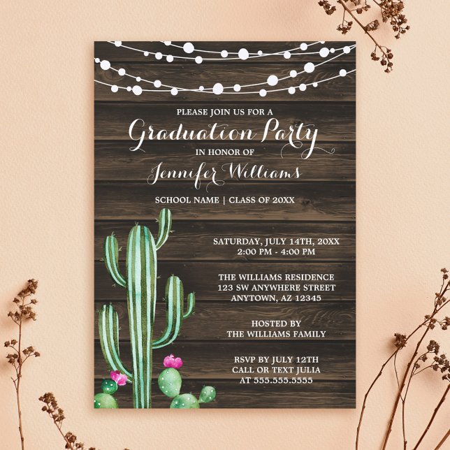 Invitación Graduación De Madera De Cactus De Acuarela Rústica (Subido por el creador)