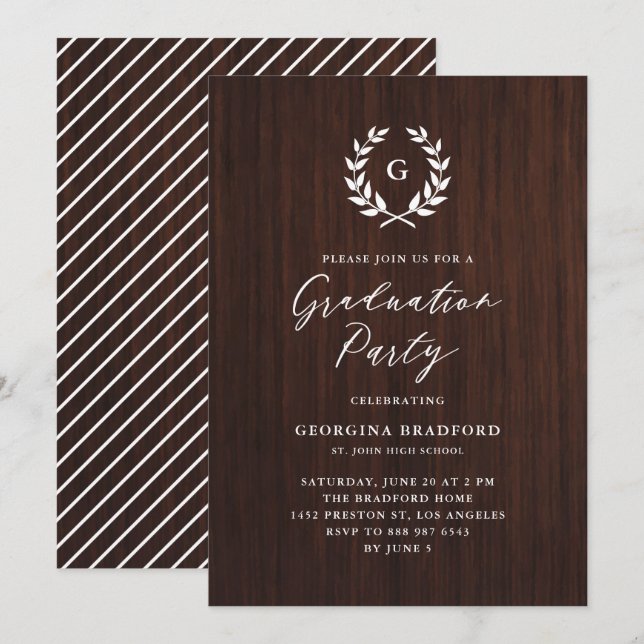 Invitación Graduación de Madera Rústica Rústica de Guirnalda  (Anverso / Reverso)