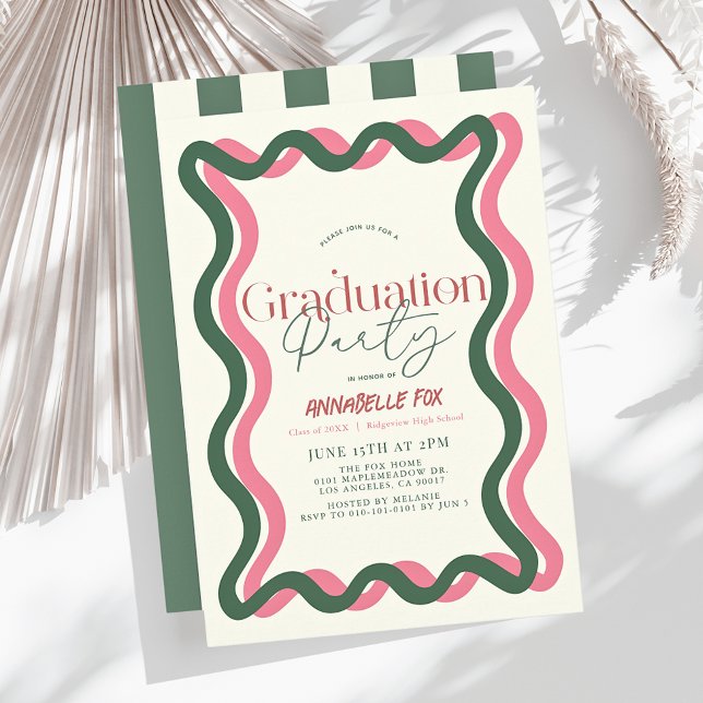 Invitación Graduación de marco ondulado rosa y verde (Subido por el creador)