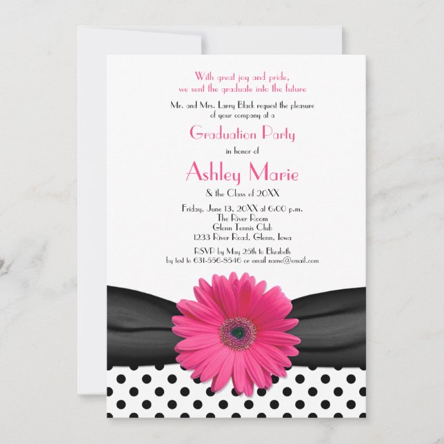 Invitación Graduación de margarita rosada con punto de polka  (Anverso)